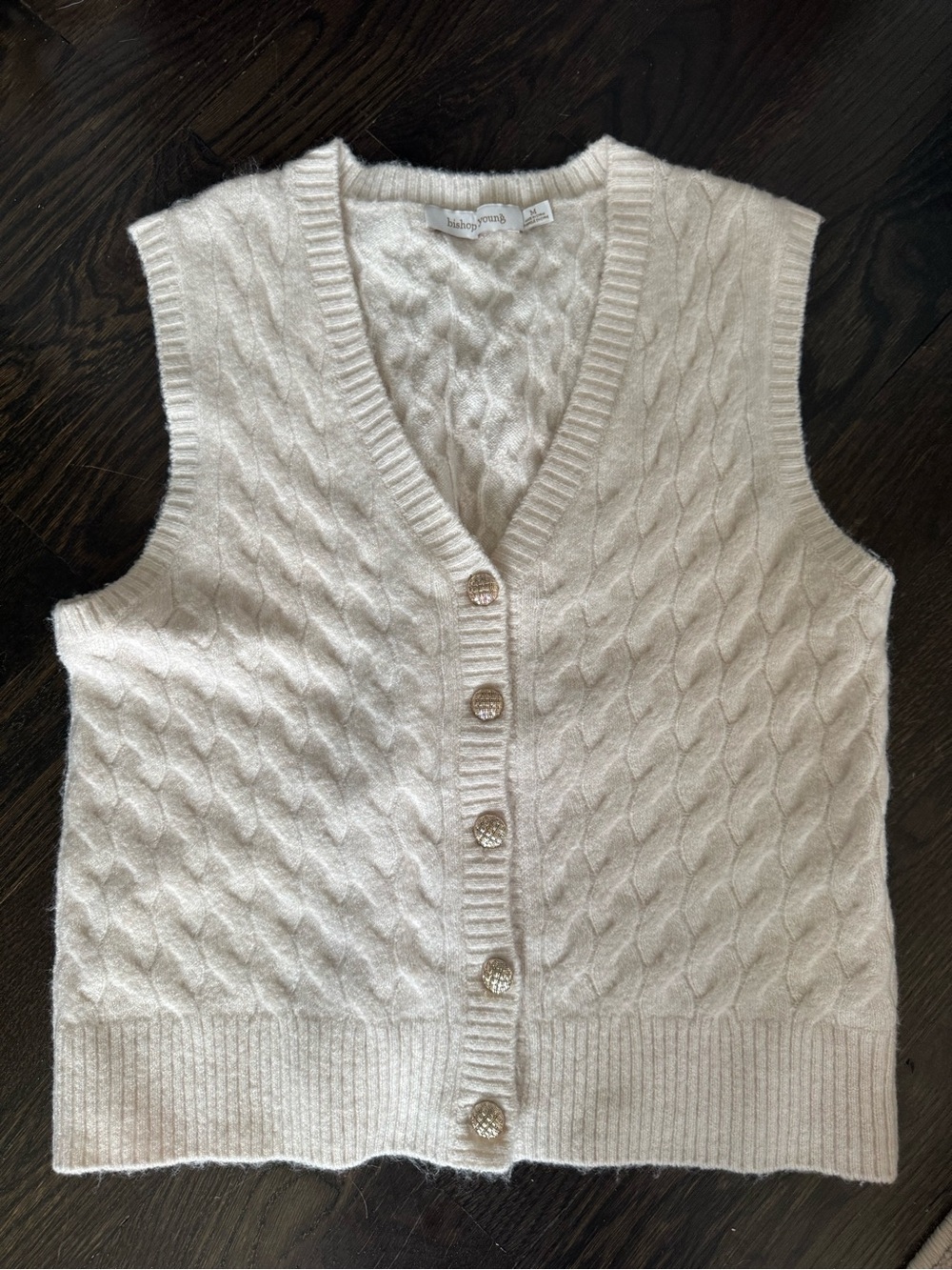 bishop + young Cream Cable Knit Button Front Sweater Vest